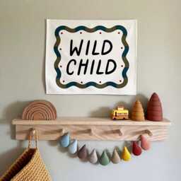Wild Child Banner, Organic Cotton Kids Wall Decor, Natural Nursery Hanging, Modern Boys Bedroom Neutral Room - thumbnail 1