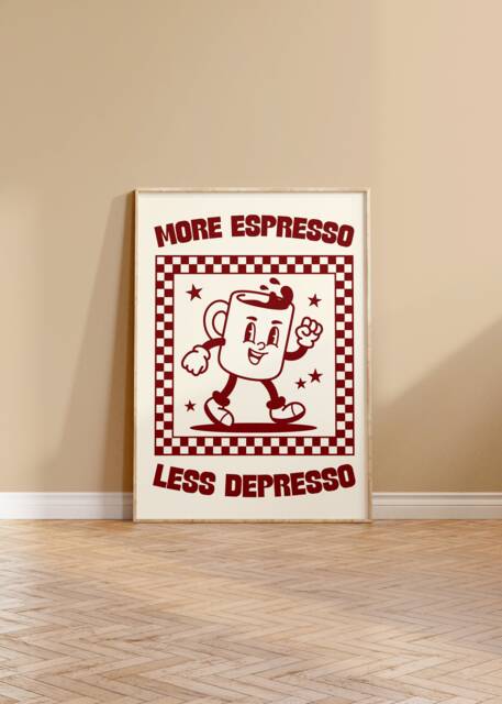 More Espresso Less Depresso Retro Wall Art Print - Character Poster, Kitchen Print, Fun Cofffee, Humour, Caffeine, Checkerboard - image 1