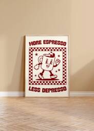 More Espresso Less Depresso Retro Wall Art Print - Character Poster, Kitchen Print, Fun Cofffee, Humour, Caffeine, Checkerboard - thumbnail 1