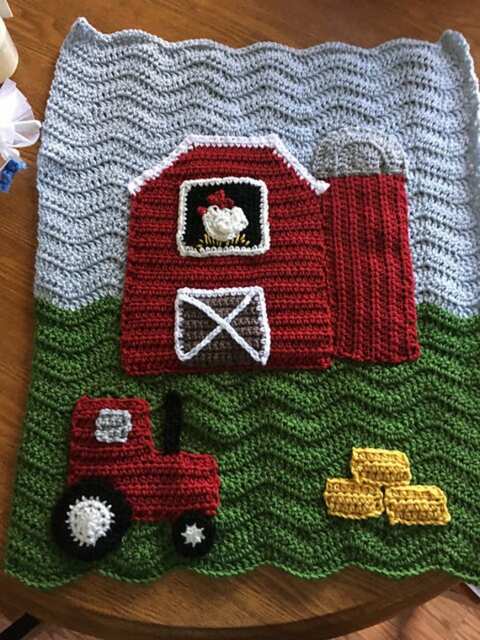 Crochet Baby Farm Blanket - Red Barn, Silo, Tractor & Hay - image 1