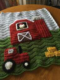 Crochet Baby Farm Blanket - Red Barn, Silo, Tractor & Hay - thumbnail 2