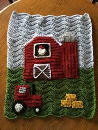 Crochet Baby Farm Blanket - Red Barn, Silo, Tractor & Hay - thumbnail 3