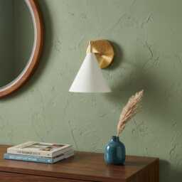 Mid-Century Modern White Cone Shade Brass Wall Sconce Alabaster Wall Light - thumbnail 3