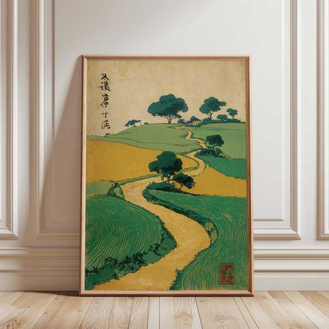 Japanese Countryside Poster - Green Yellow Landscape Woodblock Print Vintage Rural Wall Art - image 1