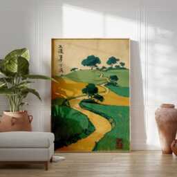 Japanese Countryside Poster - Green Yellow Landscape Woodblock Print Vintage Rural Wall Art - thumbnail 3