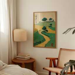 Japanese Countryside Poster - Green Yellow Landscape Woodblock Print Vintage Rural Wall Art - thumbnail 2