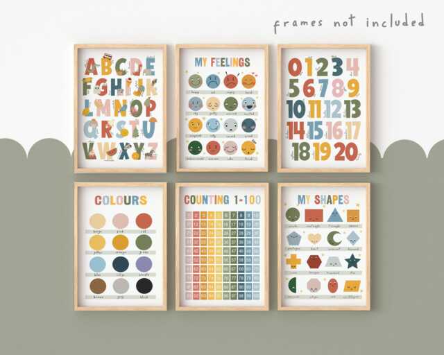 Set Of 6 Educational Prints in Bright Colours, Feelings, Shapes Print, Counting To 100, Alphabet & Numbers, Neutral Playroom Classroom - image 1