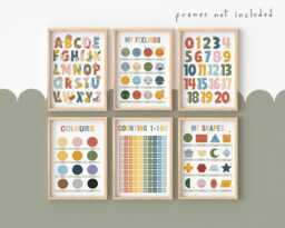 Set Of 6 Educational Prints in Bright Colours, Feelings, Shapes Print, Counting To 100, Alphabet & Numbers, Neutral Playroom Classroom - thumbnail 1