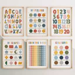 Set Of 6 Educational Prints in Bright Colours, Feelings, Shapes Print, Counting To 100, Alphabet & Numbers, Neutral Playroom Classroom - thumbnail 2