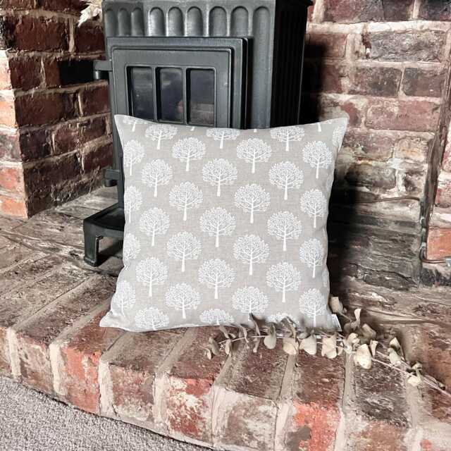 1580. Mulberry Trees White On Linen Block Print Linen Look - Cotton Blend Cushion Cover - image 1