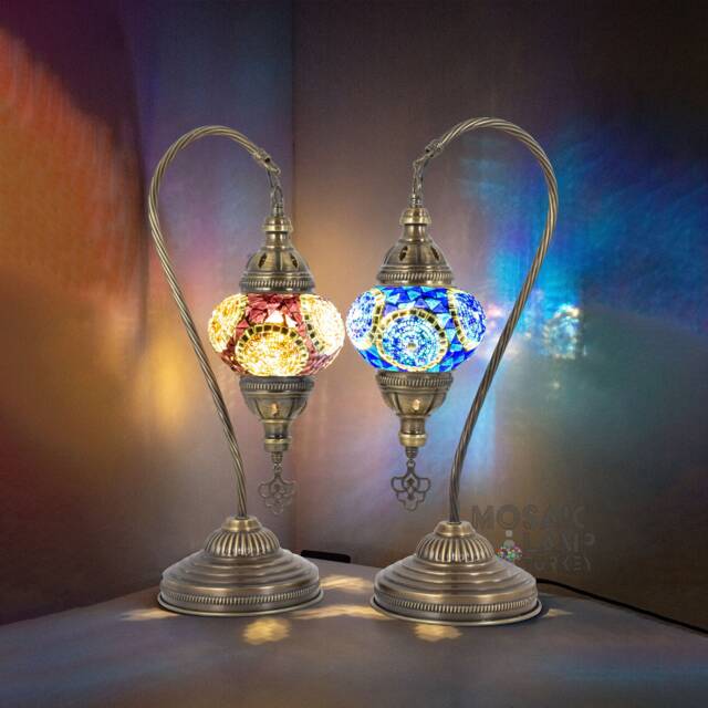 Set Of 2 Moroccan Swan Neck Table Lamp, Unique Mosaic Desk Bedside Stained Glass Globe Lamp