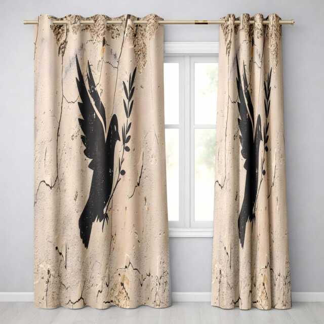Black Peace Dove Olive Branch Minimalist Wall Art Distinctive Home Decor Readymade Eyelet Ring Top Thermal 100% Blackout Curtains - image 1