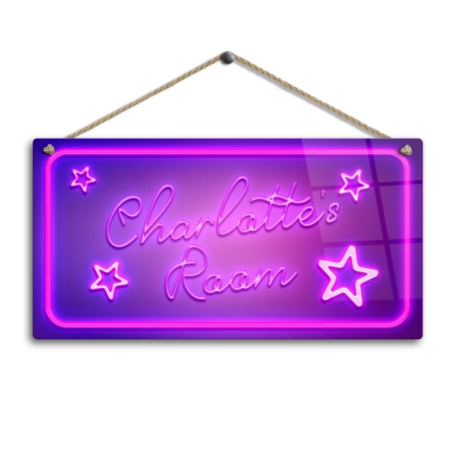 Personalised Neon Print Room Sign - Purple Pink Star Theme. Gloss Metal Wall Art - image 1