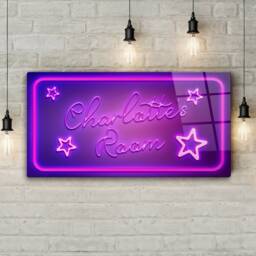 Personalised Neon Print Room Sign - Purple Pink Star Theme. Gloss Metal Wall Art - thumbnail 4