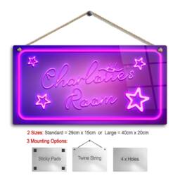 Personalised Neon Print Room Sign - Purple Pink Star Theme. Gloss Metal Wall Art - thumbnail 2