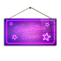Personalised Neon Print Room Sign - Purple Pink Star Theme. Gloss Metal Wall Art