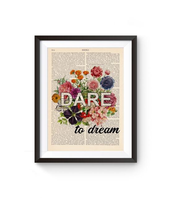 Dare To Dream - Motivational Quote With Flowers, Vintage Book Page, Positive Print, Inspirational Art 205 - image 1