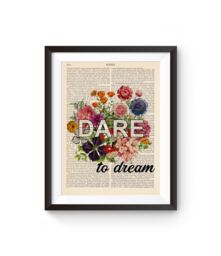 Dare To Dream - Motivational Quote With Flowers, Vintage Book Page, Positive Print, Inspirational Art 205 - thumbnail 1