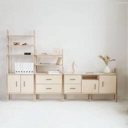 Mid Century Modern Plywood Bookcase With Drawers Modular Wall Unit - thumbnail 2