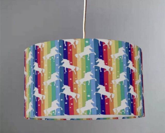 New Hq Children's Room Rainbow Strips With Unicorn Print Lamp Shade Pendant Light Multicoloured - image 1