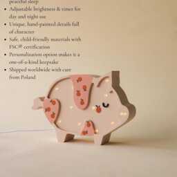 Cute Pink Piggy Night Light For Baby Room - Personalized Wooden Farm Animal Lamp, Handmade Eco Friendly Led Nursery Lights - thumbnail 3