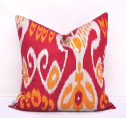 Red Ikat Pillow Cover, Handloom Silk Cotton Cushion - 20x20 - thumbnail 1