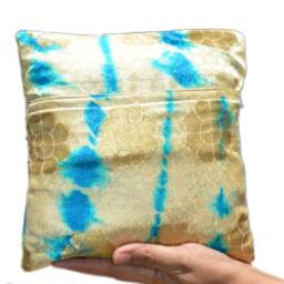 Silk Accent Throw Pillow - Ring Decorative Handmade Cushion Cover - Beige , Blue Satin With Gold Flowers & Rhinestone Accents - thumbnail 4