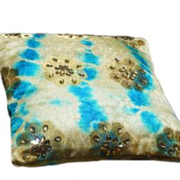 Silk Accent Throw Pillow - Ring Decorative Handmade Cushion Cover - Beige , Blue Satin With Gold Flowers & Rhinestone Accents - thumbnail 3