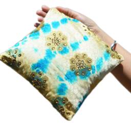 Silk Accent Throw Pillow - Ring Decorative Handmade Cushion Cover - Beige , Blue Satin With Gold Flowers & Rhinestone Accents - thumbnail 2