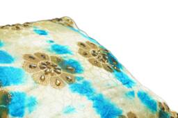 Silk Accent Throw Pillow - Ring Decorative Handmade Cushion Cover - Beige , Blue Satin With Gold Flowers & Rhinestone Accents - thumbnail 1