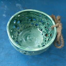 Turquoise Bubble Candle Holder, Handmade Ceramic Tea Light Jar, Circle Pierced Polka Dot Ruffled Pottery Dish - thumbnail 2