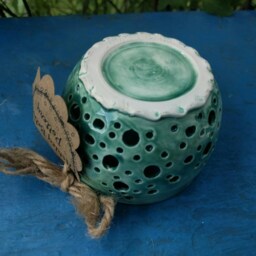 Turquoise Bubble Candle Holder, Handmade Ceramic Tea Light Jar, Circle Pierced Polka Dot Ruffled Pottery Dish - thumbnail 3