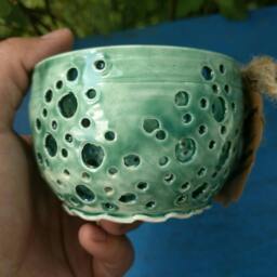 Turquoise Bubble Candle Holder, Handmade Ceramic Tea Light Jar, Circle Pierced Polka Dot Ruffled Pottery Dish