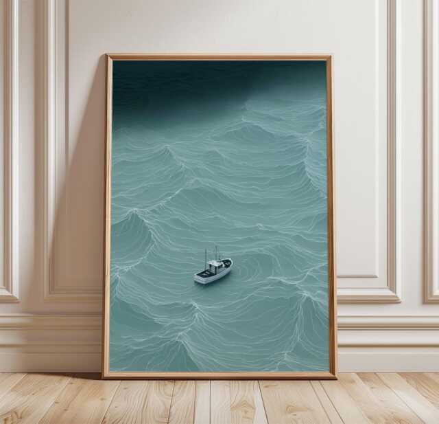 Minimal Ocean Boat Poster, Teal Coastal Wall Art, Modern Sea Print - image 1