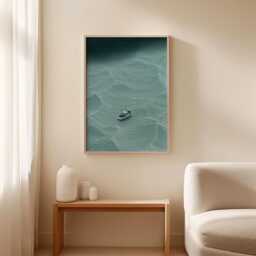 Minimal Ocean Boat Poster, Teal Coastal Wall Art, Modern Sea Print - thumbnail 3