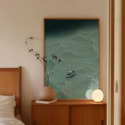 Minimal Ocean Boat Poster, Teal Coastal Wall Art, Modern Sea Print - thumbnail 2