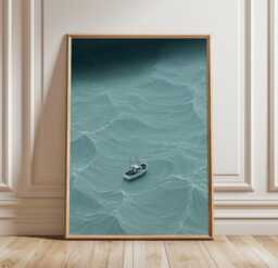 Minimal Ocean Boat Poster, Teal Coastal Wall Art, Modern Sea Print