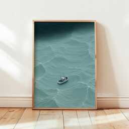 Minimal Ocean Boat Poster, Teal Coastal Wall Art, Modern Sea Print - thumbnail 4