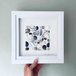 Cornish Blue/White Coastal Square Wall Art Framed Shell Picture Bathroom Decor Handmade in Cornwall - thumbnail 1