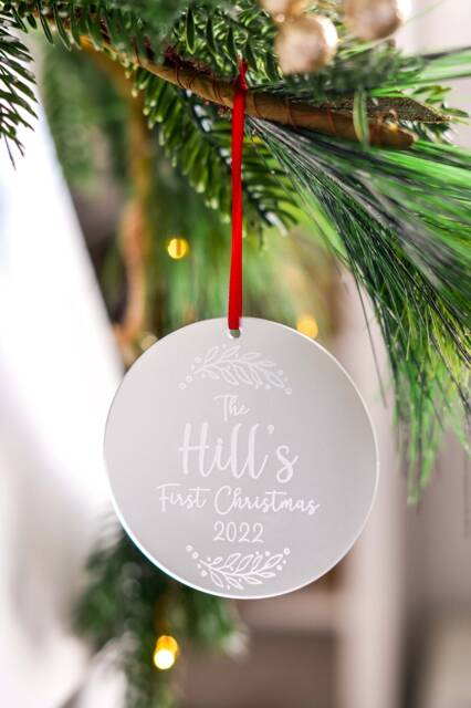 Personalised Family Or Married Couple First Christmas Tree Ornament With Satin Ribbon - Engraved Frosted Acrylic - image 1