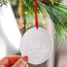 Personalised Family Or Married Couple First Christmas Tree Ornament With Satin Ribbon - Engraved Frosted Acrylic - thumbnail 2
