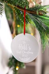 Personalised Family Or Married Couple First Christmas Tree Ornament With Satin Ribbon - Engraved Frosted Acrylic