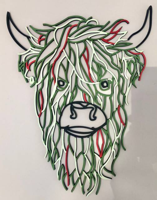Geometric Highland Cow, Cow Wooden Wall Art, Geometric Modern Rainbow - image 1