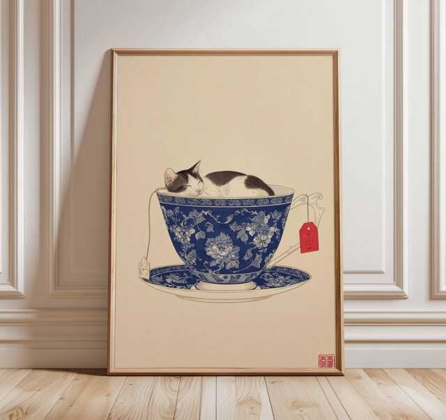 Cat in Teacup Wall Art Poster, Cute Animal Print, Whimsical Kitchen Decor, Oriental Blue & White Illustration, Playful Poster - image 1
