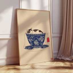 Cat in Teacup Wall Art Poster, Cute Animal Print, Whimsical Kitchen Decor, Oriental Blue & White Illustration, Playful Poster - thumbnail 2