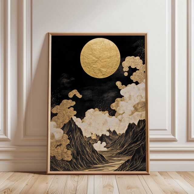 Golden Moon Poster, Black & Gold Night Sky Print, Luxury Mountain Wall Art - image 1