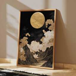 Golden Moon Poster, Black & Gold Night Sky Print, Luxury Mountain Wall Art - thumbnail 2