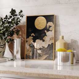 Golden Moon Poster, Black & Gold Night Sky Print, Luxury Mountain Wall Art - thumbnail 3