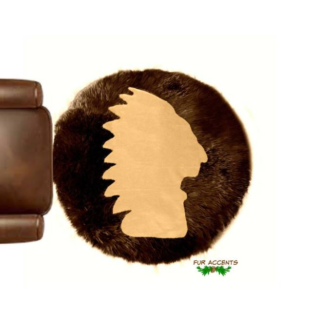 Faux Fur Round Area Rug - American Indian Head Art, Hand Sewn - image 1