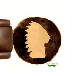 Faux Fur Round Area Rug - American Indian Head Art, Hand Sewn - thumbnail 1